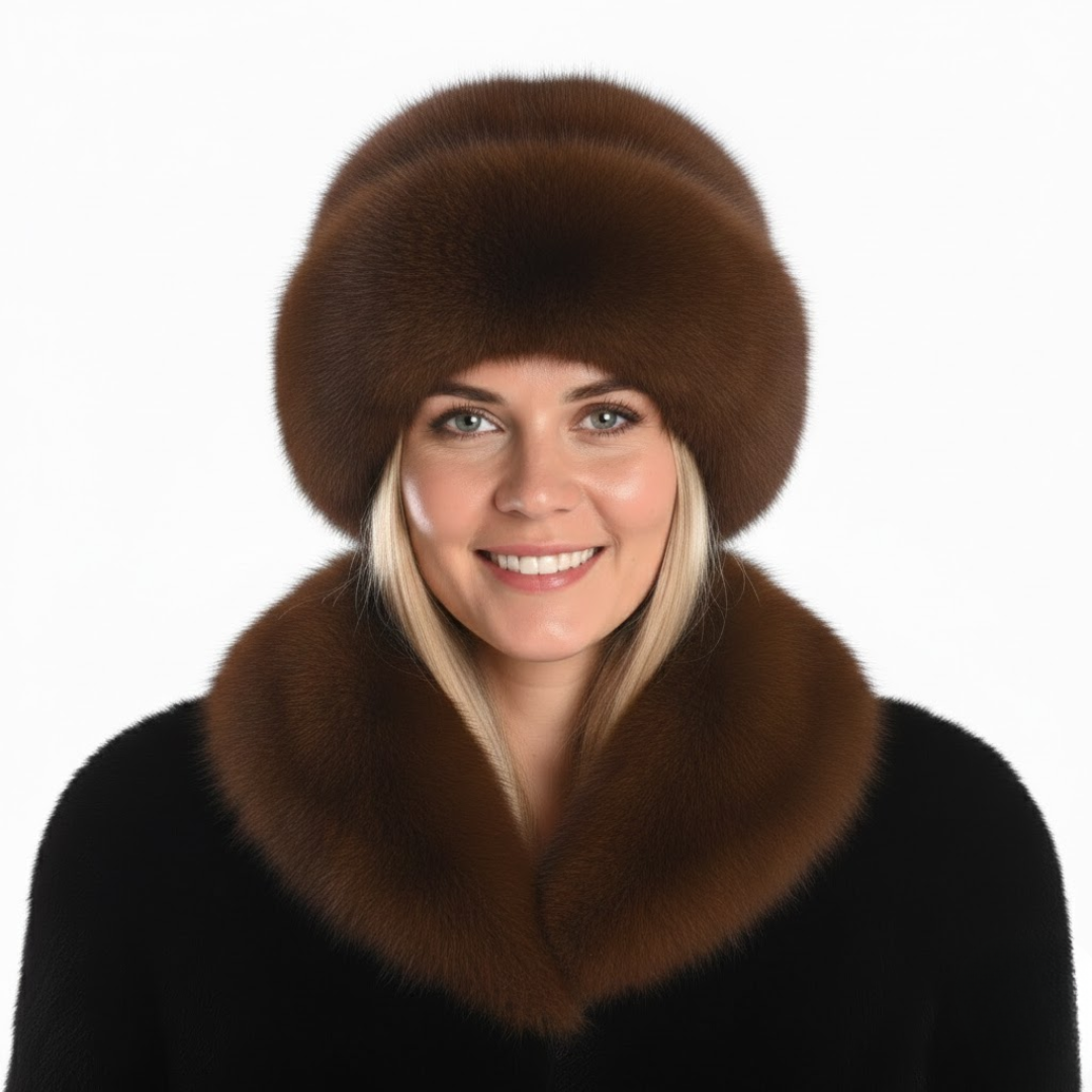 Faux fur winter hat in a neutral color, elegant and cozy headwear for women's cold weather