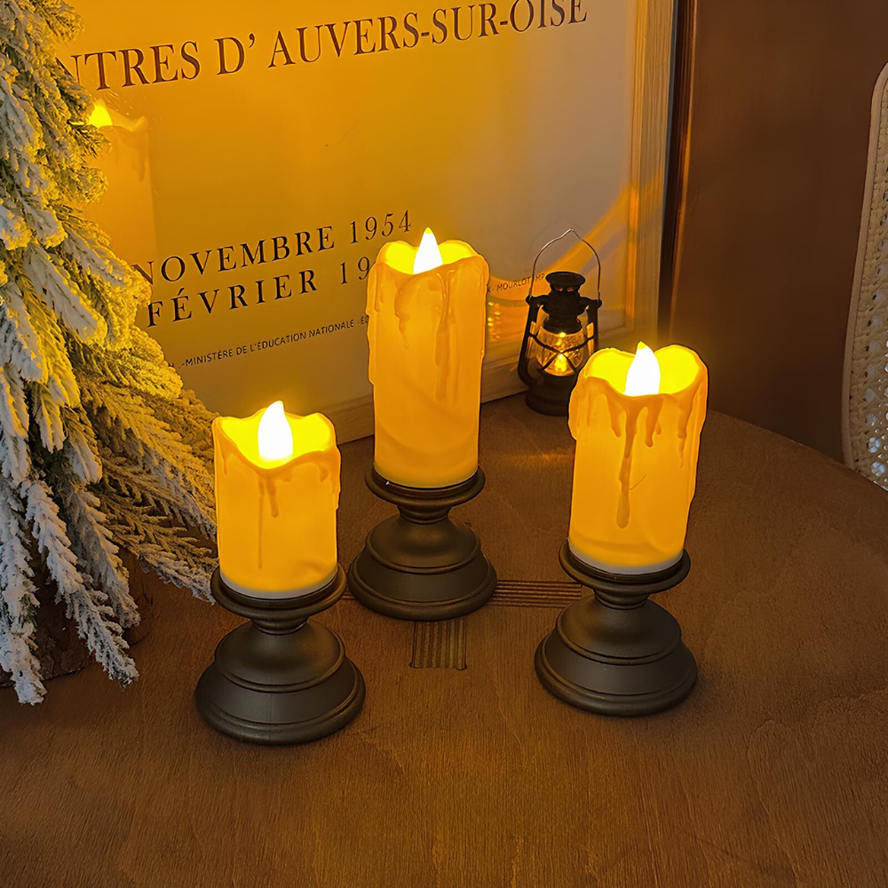 GlowFlicker LED candles in various sizes, perfect for versatile home decor arrangements.