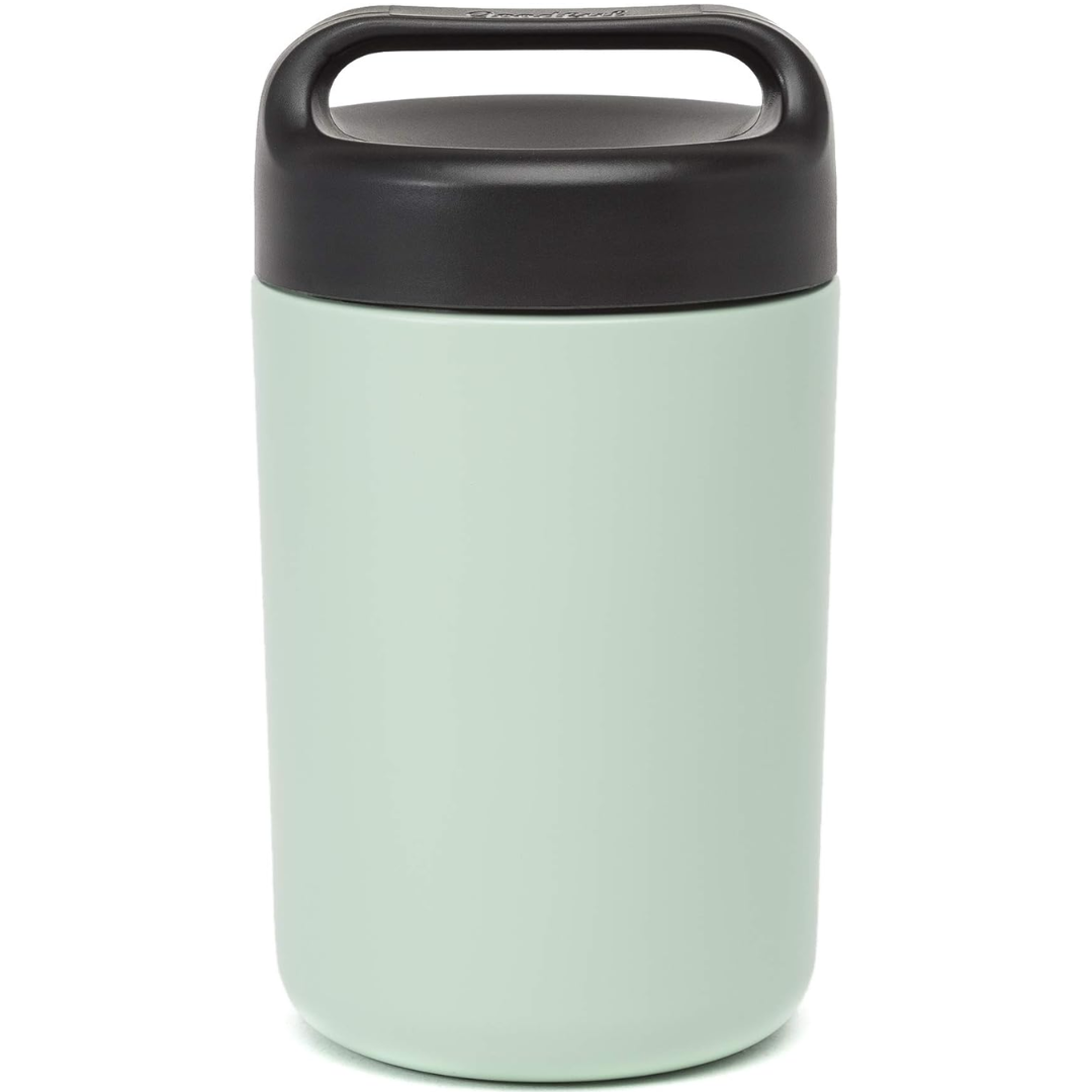 Top view of WarmCarry stainless steel insulated food container with handle and logo
