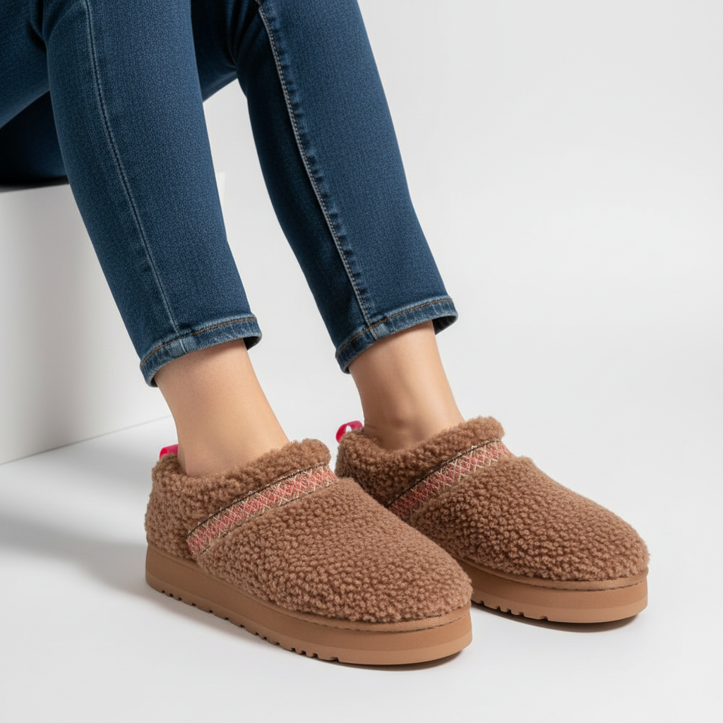 Women's comfort slippers in beige, featuring plush padding for warm indoor footwear