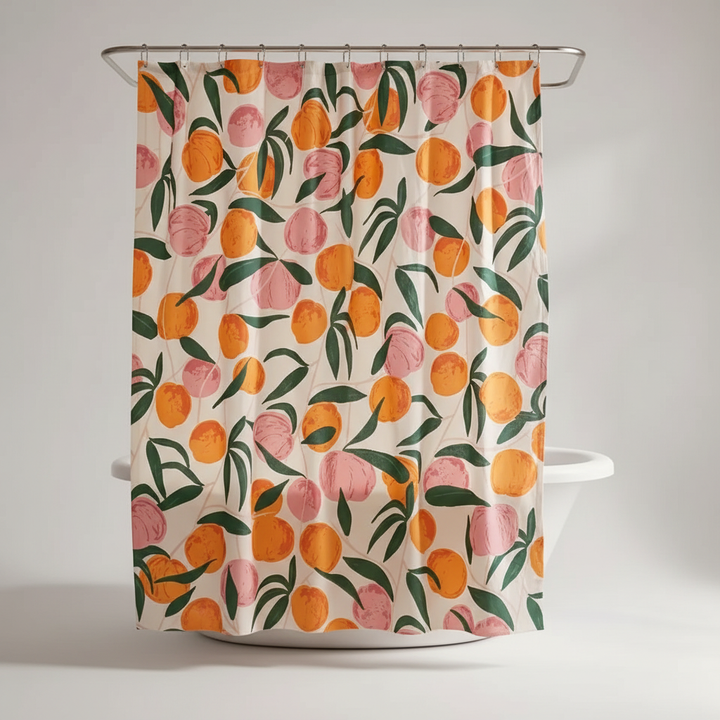 PeachAura shower curtain, large peach print design, waterproof for modern bathrooms