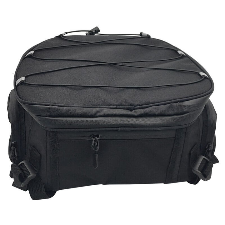 Foldable motorcycle gear bag, waterproof, shown open displaying spacious interior storage
