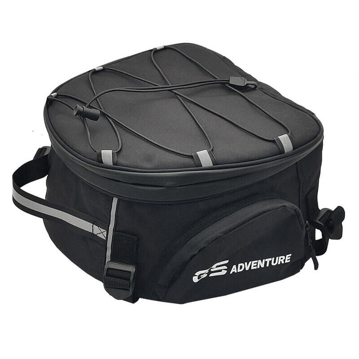 Black motorcycle luggage bag, weather-resistant, ideal for helmet and riding gear transport