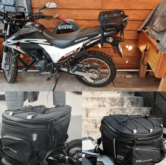 Motorcycle rider accessory bag, compact yet spacious, with reinforced stitching for durability