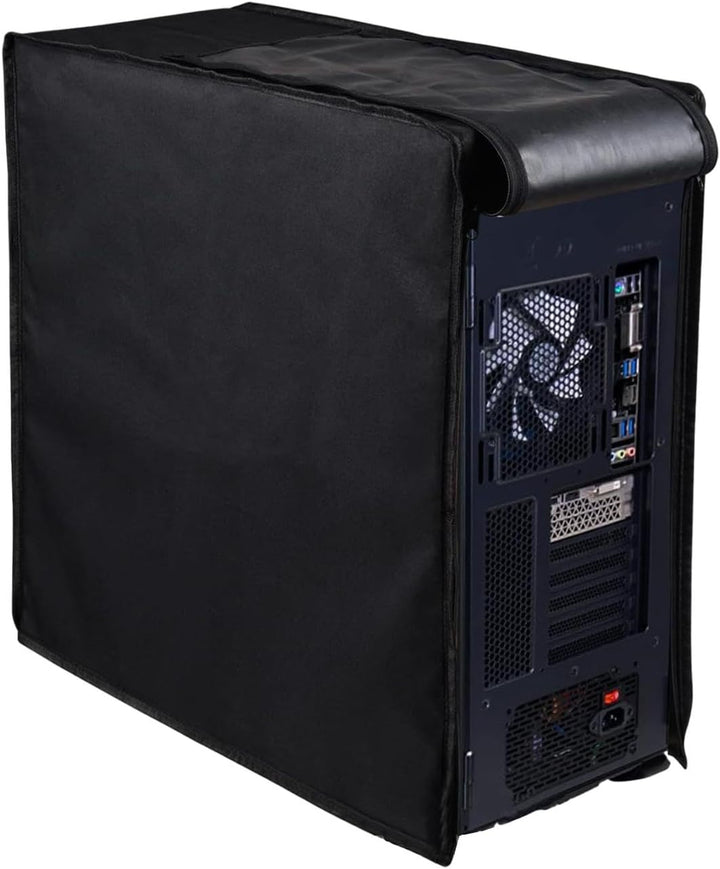 Waterproof computer tower dust cover, black, with zippers, protecting a desktop PC CPU.