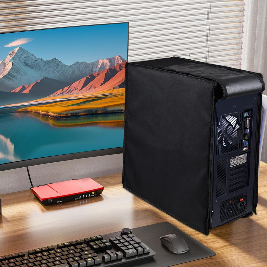 Two black waterproof PC tower dust covers, showcasing the 1+1 FREE electronics protection deal.