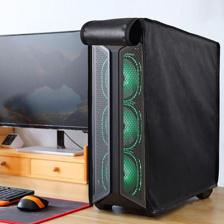 Front view of a computer tower with a black, zippered, waterproof dust cover applied, ensuring full coverage.