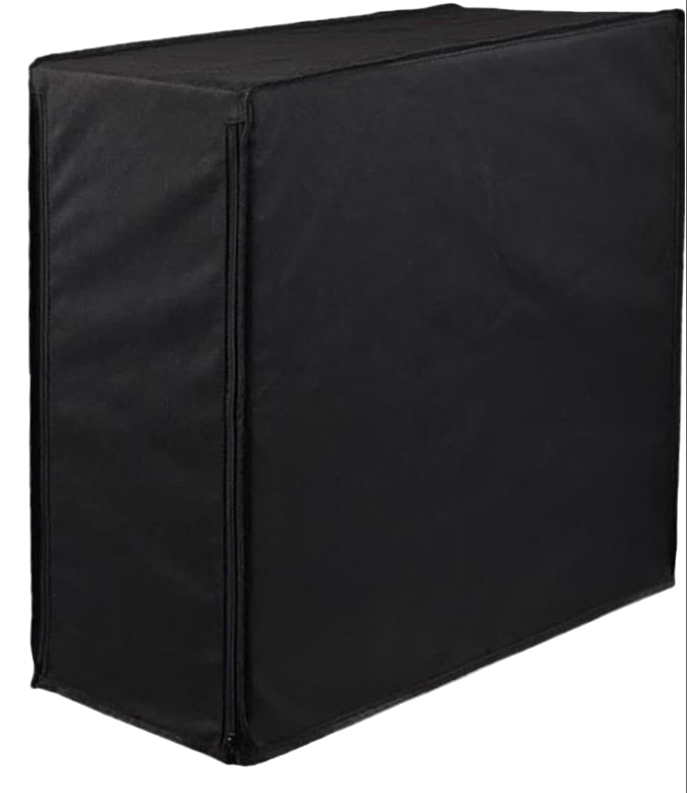 Two black computer tower dust covers, bundled together for a 1+1 FREE offer, shown protecting PC cases.