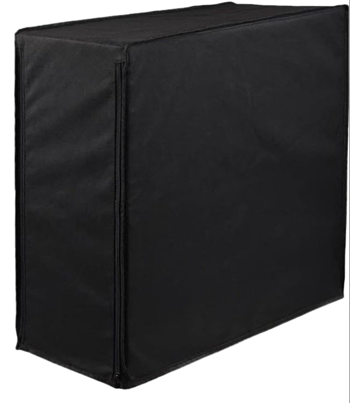 Two black computer tower dust covers, bundled together for a 1+1 FREE offer, shown protecting PC cases.