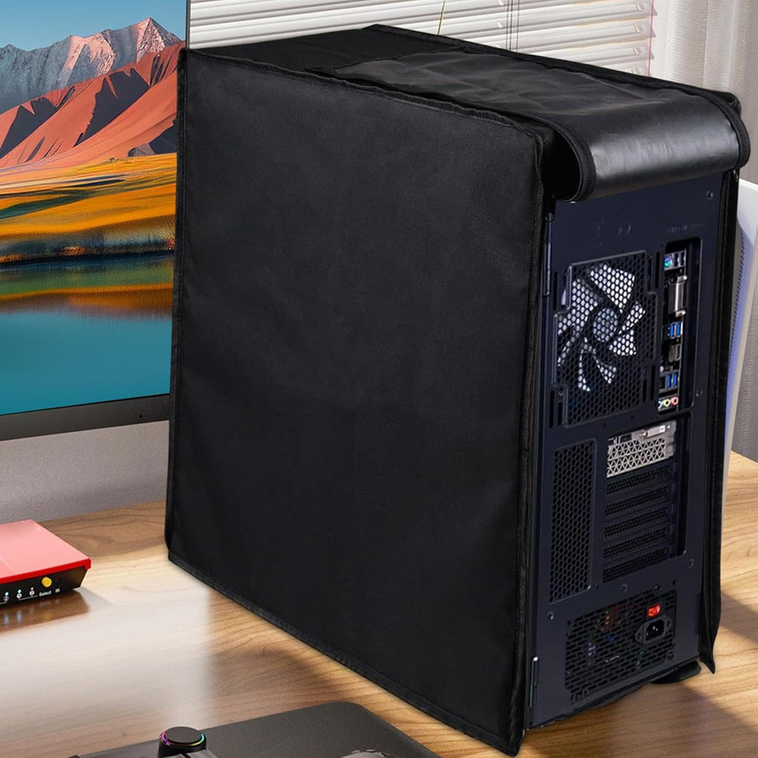 PC case dust protector, waterproof and black, effectively shielding a computer CPU from debris with zipper closure.