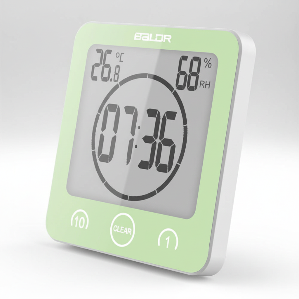Digital waterproof timer with suction cup attached to a shower wall, promoting energy and water saving habits