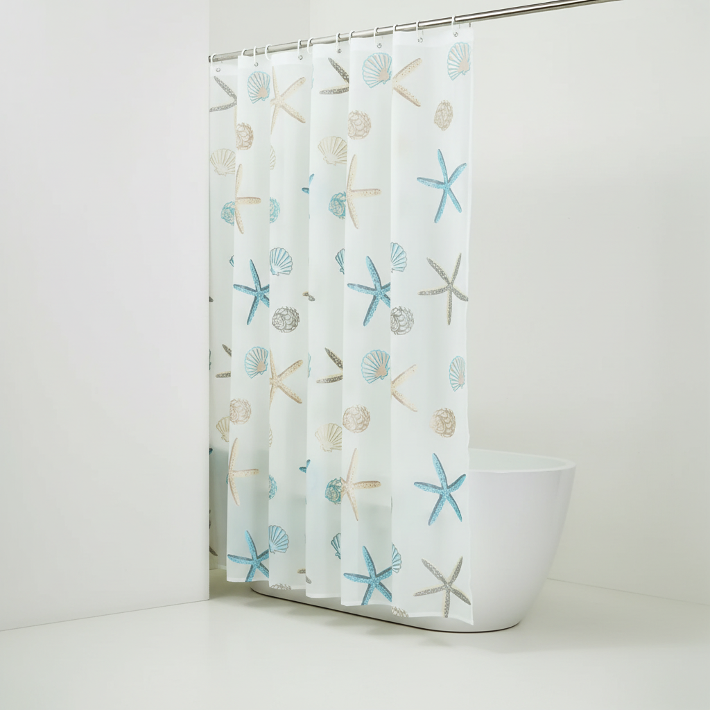 Durable ShoreGuard polyester shower curtain, mold resistant, featuring a contemporary geometric print.