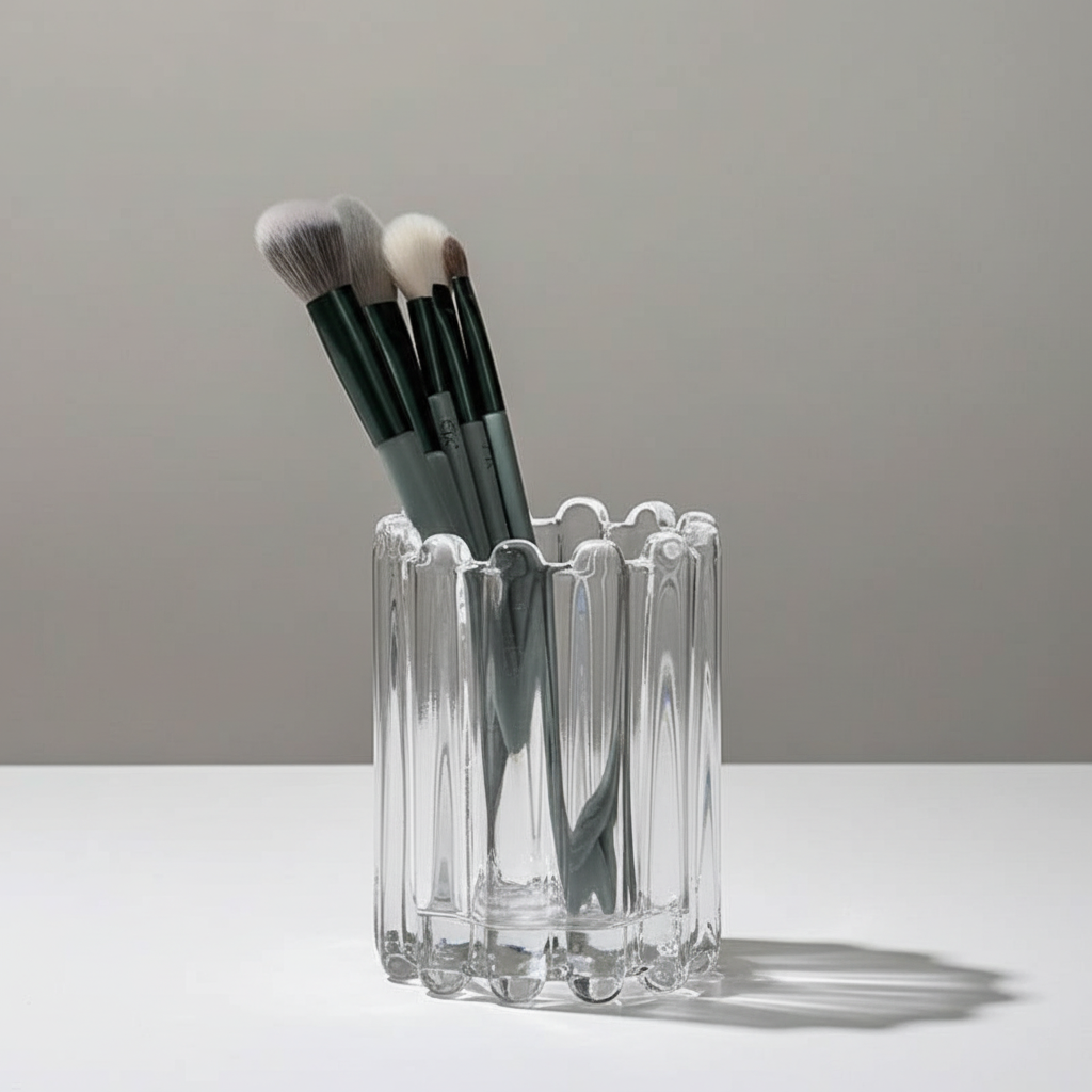 Glass wavy makeup brush holder, sleek vanity organizer to declutter your beauty space.