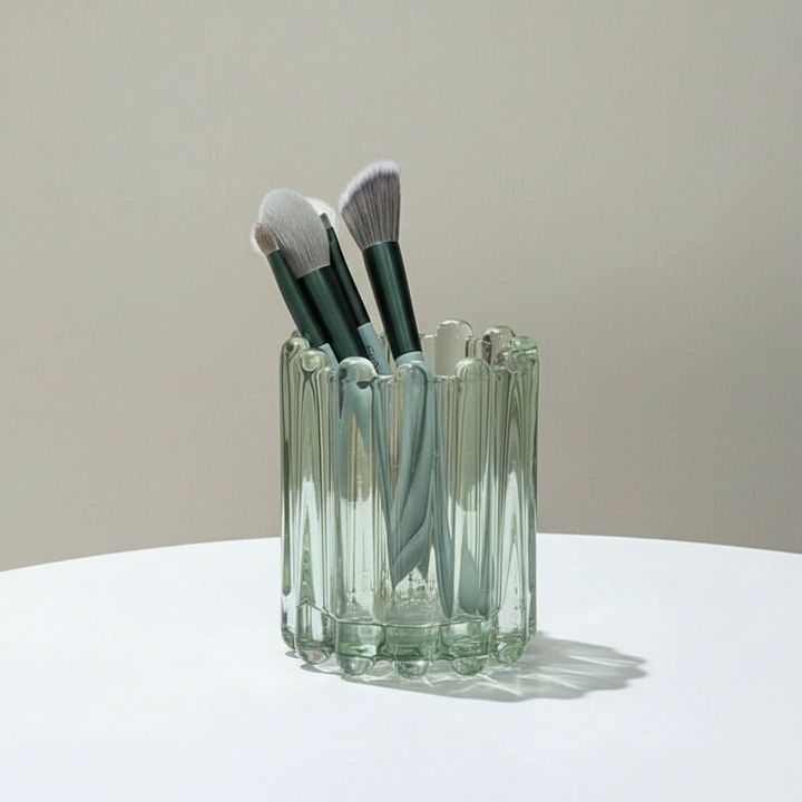 Wavy GleamCaddy makeup organizer, a modern bathroom accessory for brush and cosmetic storage.