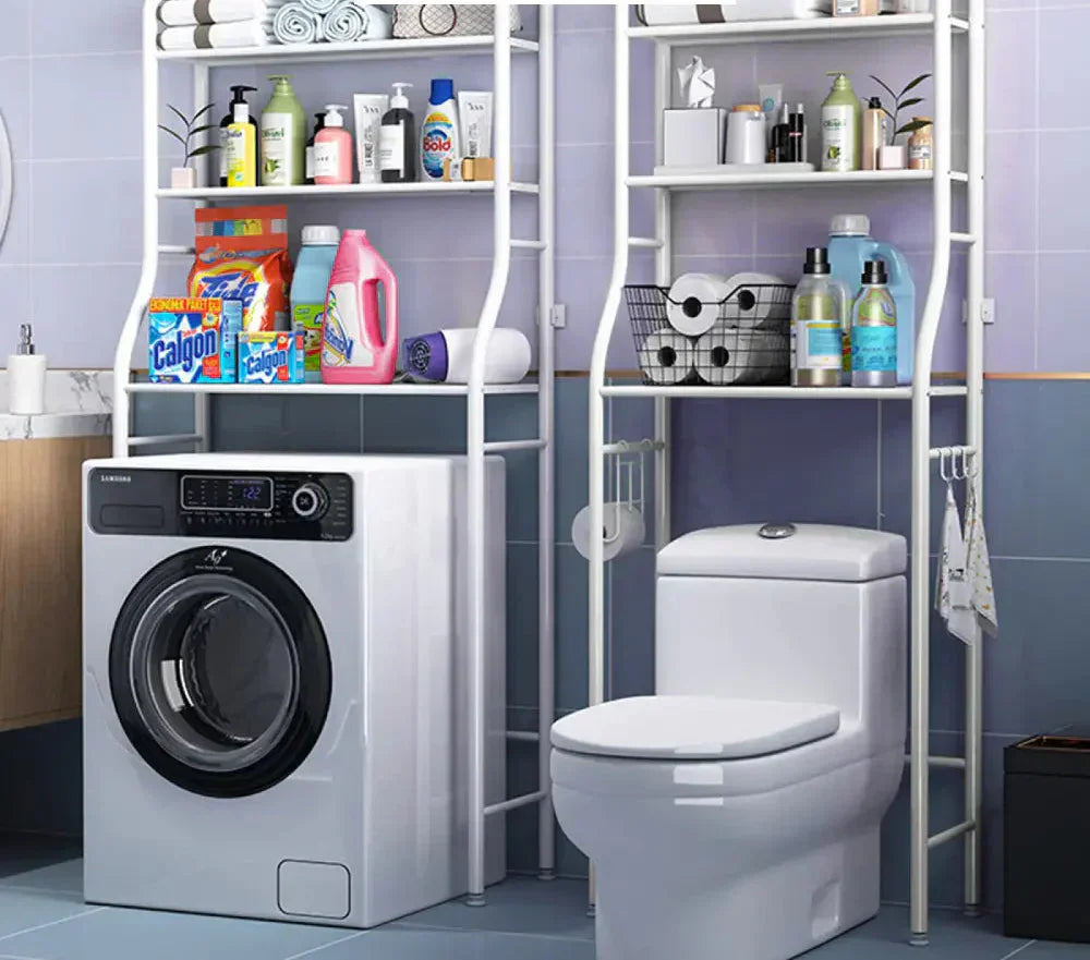 White 3-tier bathroom storage rack, space-saving over toilet organizer, ideal for narrow spaces.