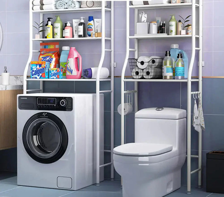 White 3-tier bathroom storage rack, space-saving over toilet organizer, ideal for narrow spaces.