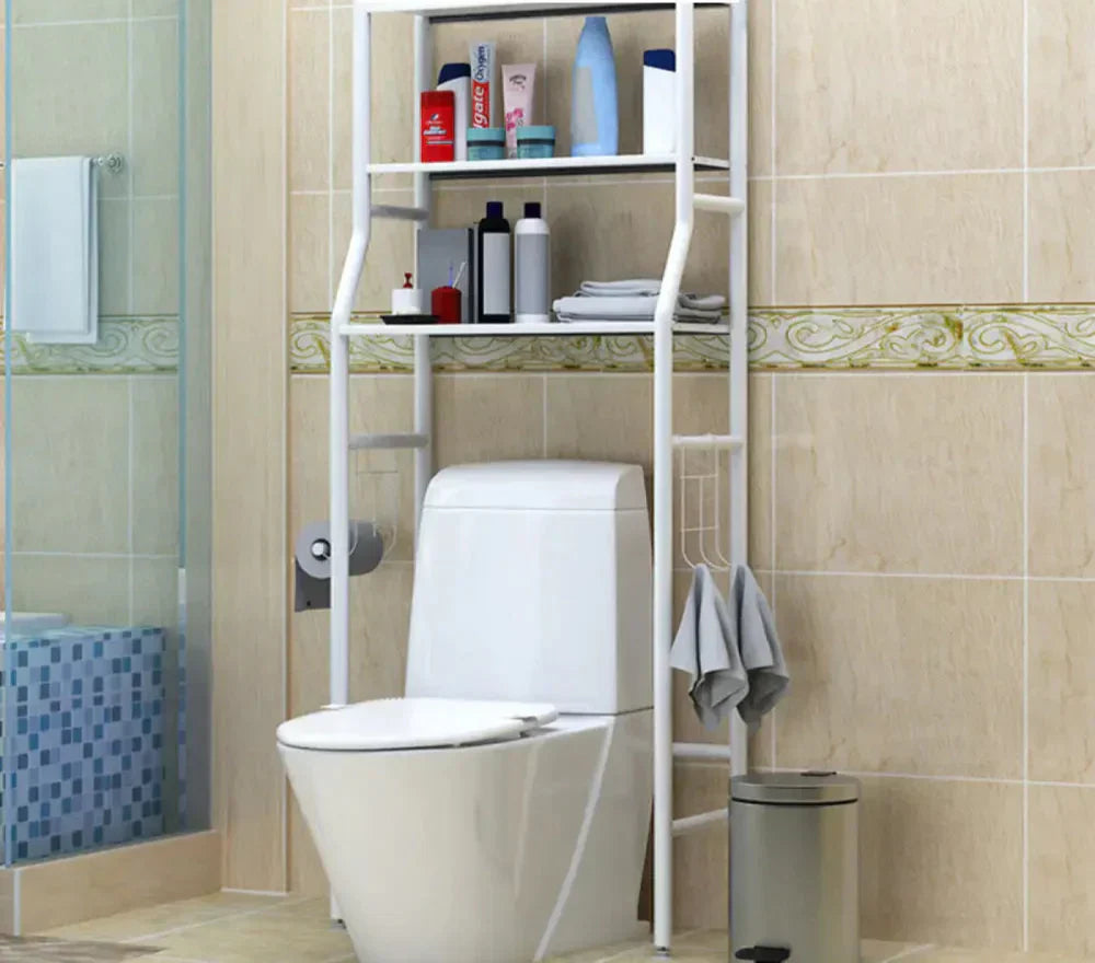 Freestanding 3-tier LoftRack organizer for over toilet or laundry room storage. White, space-saving shelf unit.