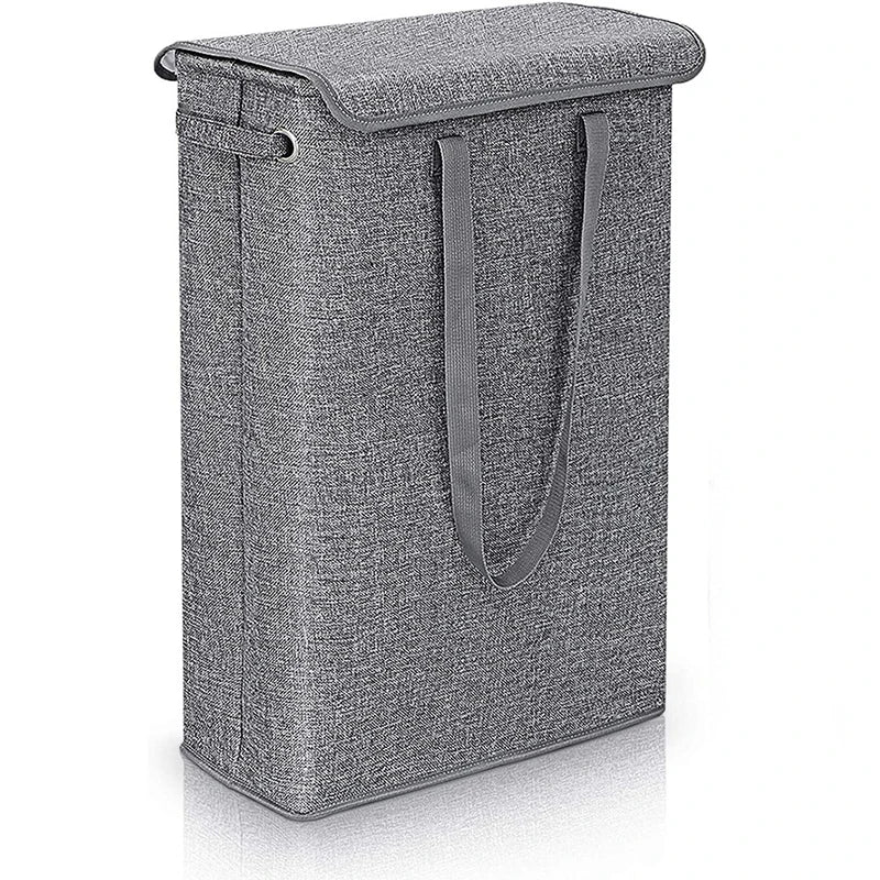 45L slim laundry basket with lid positioned in a small bathroom, highlighting its space-saving design
