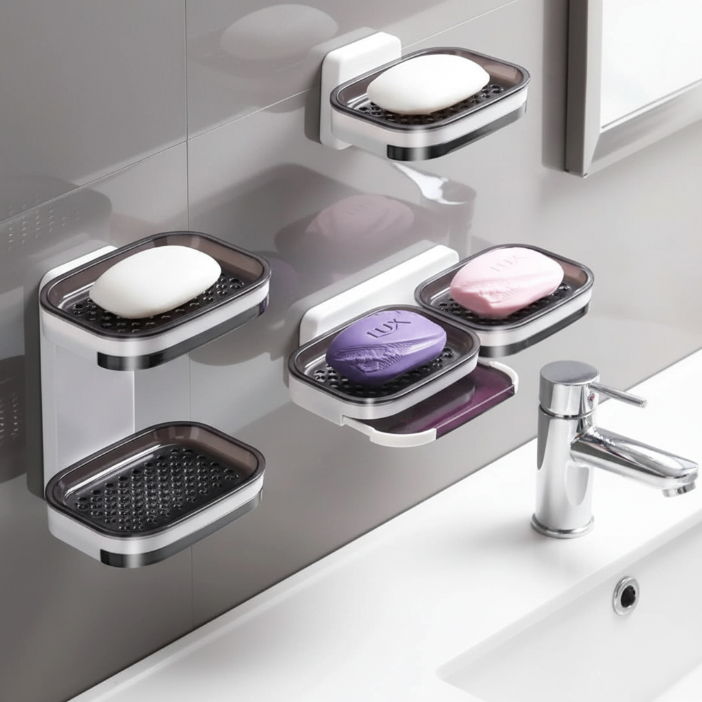 White ABS wall mounted soap dish with drainage for bathroom organization