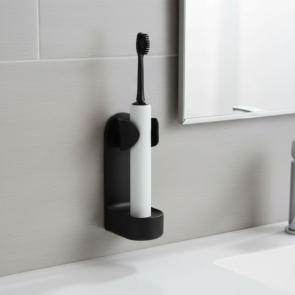 White adhesive toothbrush holder wall mount with four slots for bathroom organization, drill-free installation.
