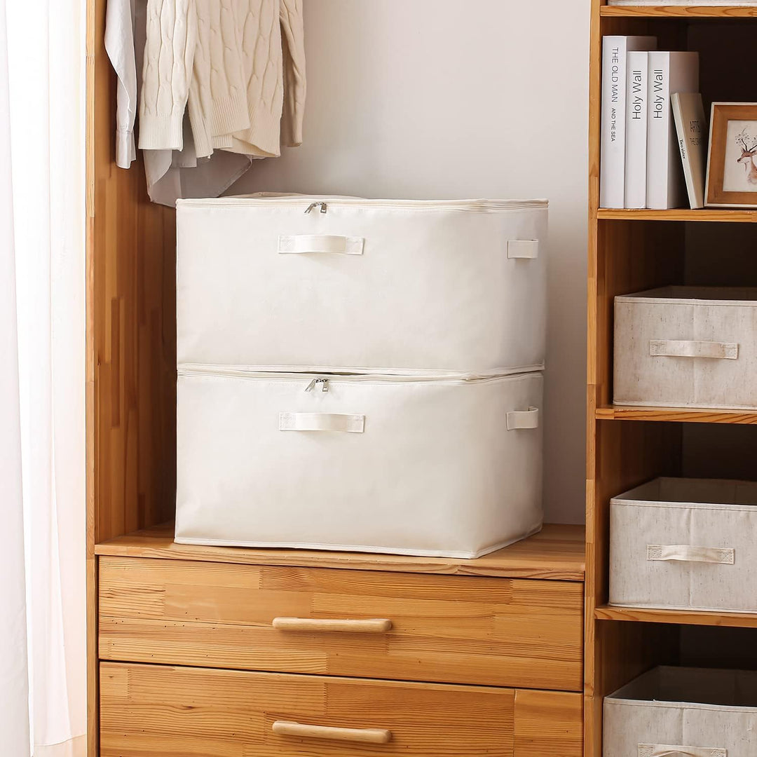 User-friendly canvas clothes organizer with transparent window, dual zippers, and woven handles.