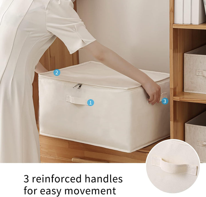Easy-access canvas storage for clothing, with dual zippers for wide opening and comfortable handles.