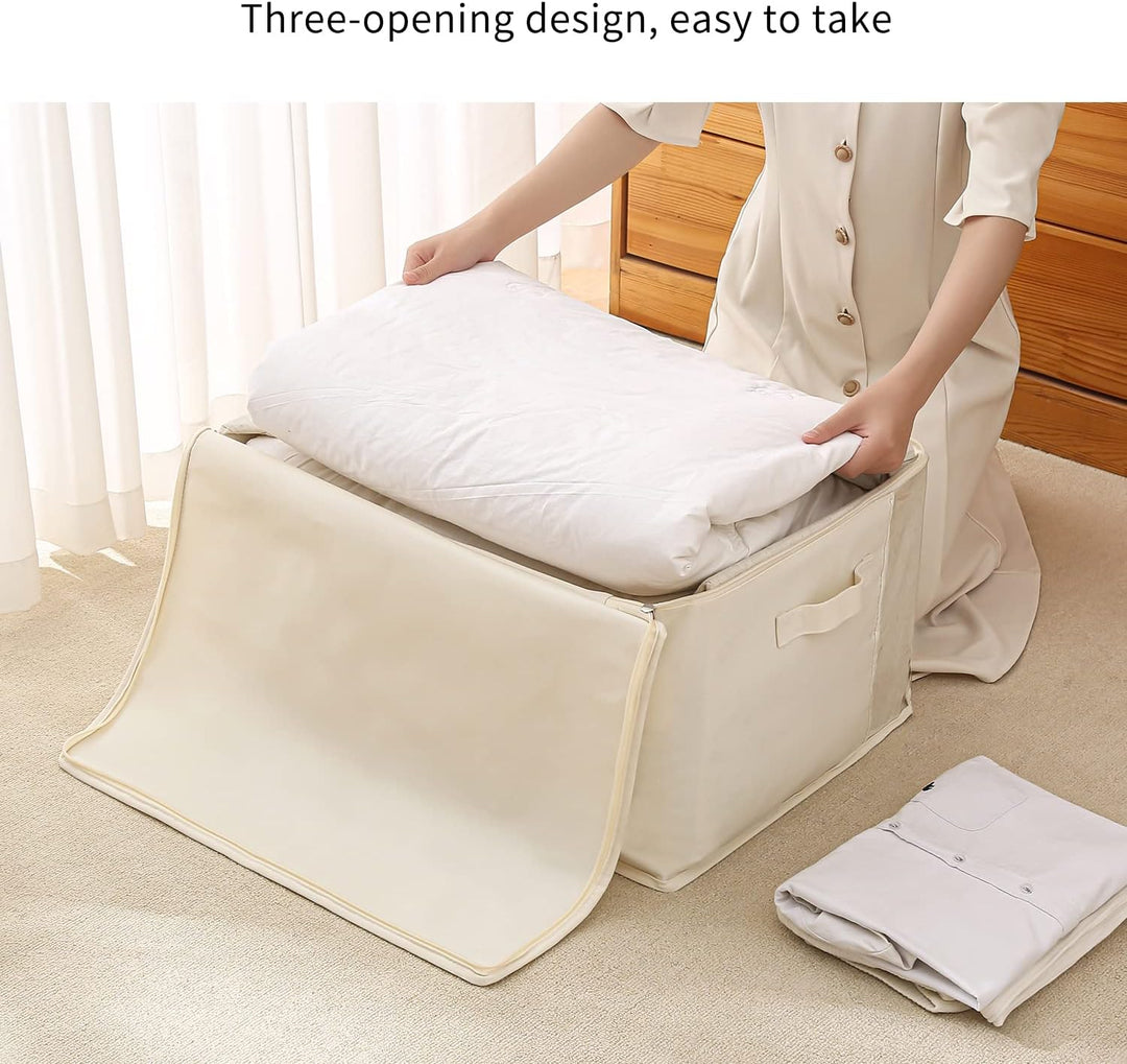 Foldable canvas organizer for clothes, bedding, dual zippers, handles, and moisture-resistant.
