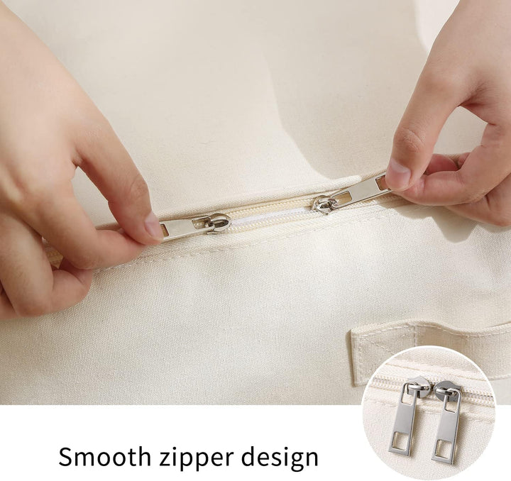 Compact canvas wardrobe organizer for clothing, bedding, with strong handles & two-way zipper.