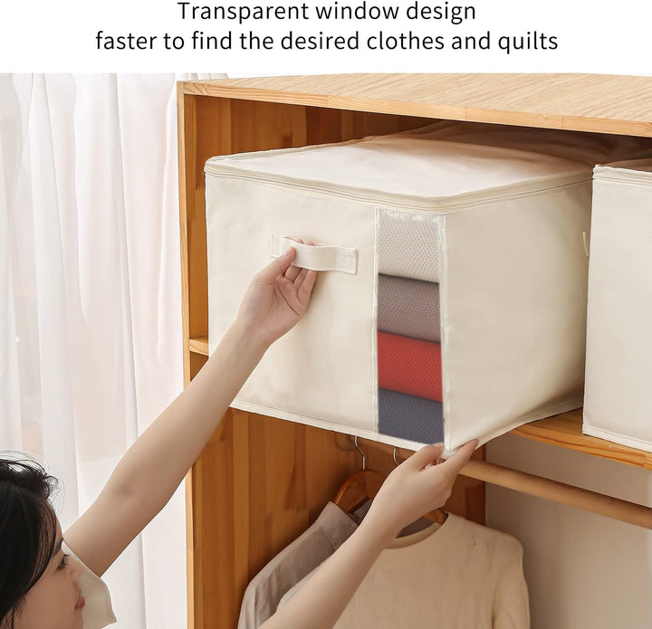 Space-saving canvas organizer for clothes, white finish, strong handles, and dual zip opening.
