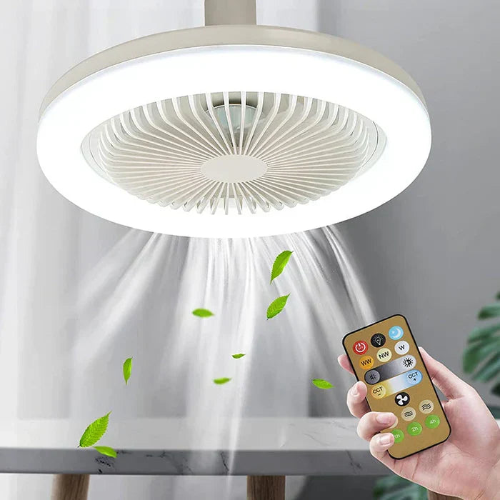 White ceiling fan with integrated LED light & remote control. Perfect for home or office cooling & lighting.