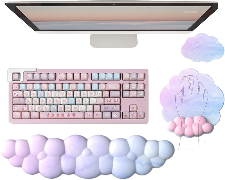 White cloud wrist rest set with ergonomic mouse pad and matching coaster for desk comfort