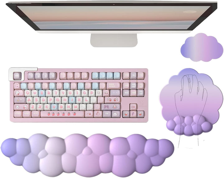 White cloud wrist rest, mouse pad, and coaster set for improved desk ergonomics