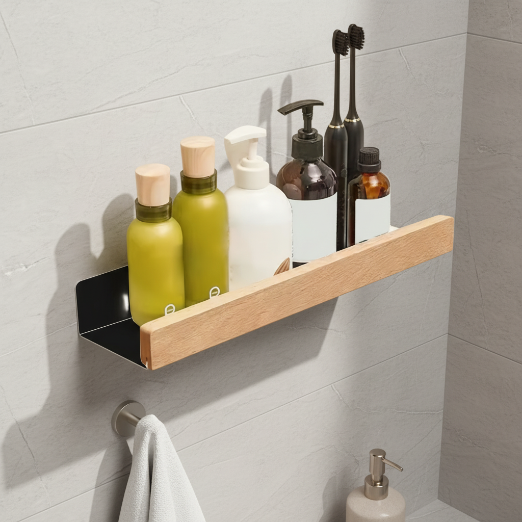White drill-free plastic wall shelf in a modern shower for bathroom storage and organization.