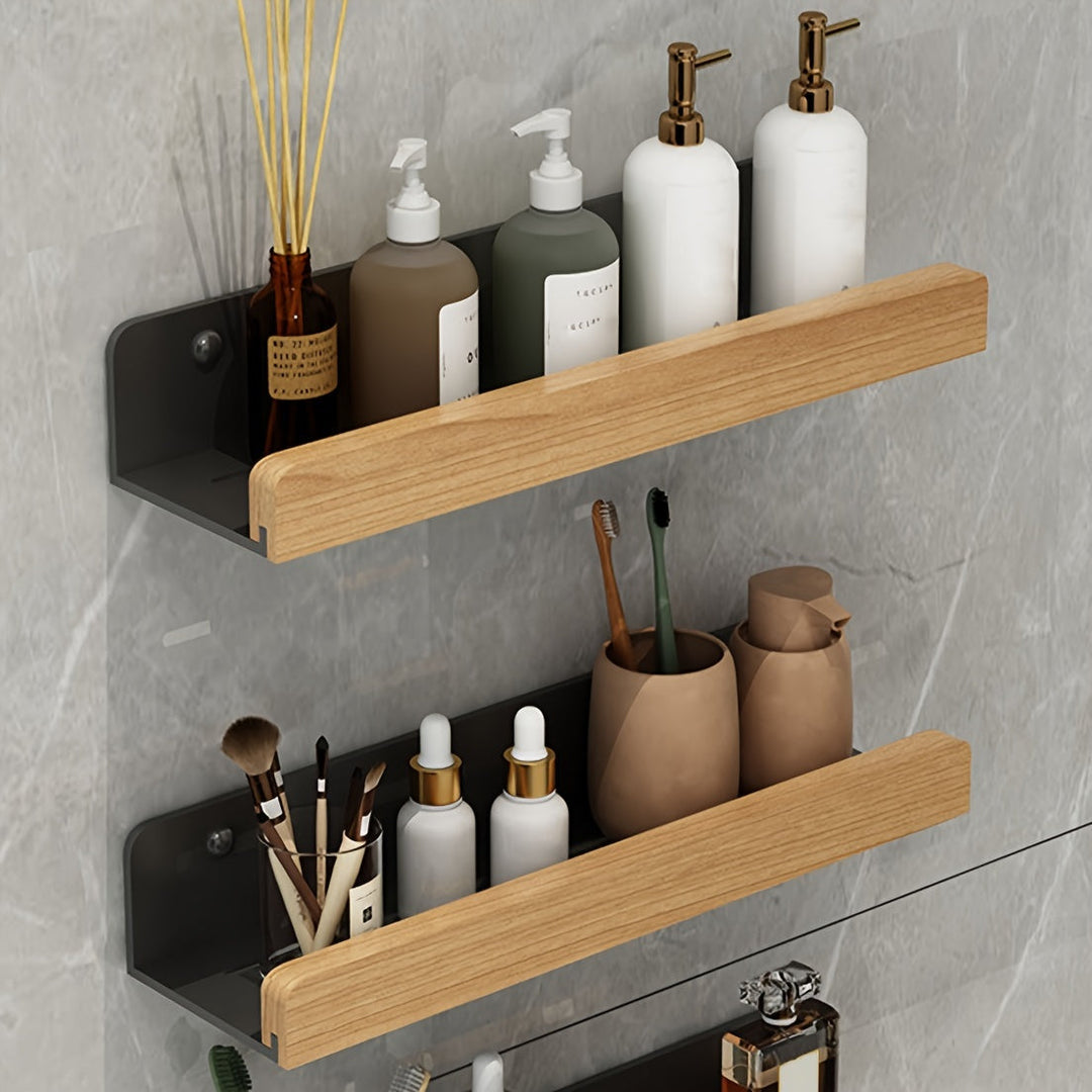 Stylish white drill-free shelf organizing toiletries in a contemporary bathroom setting.