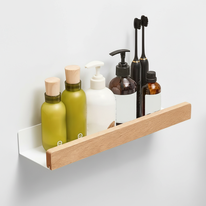 Angle view of a drill-free plastic wall shelf, highlighting its robust design and adhesive backing.