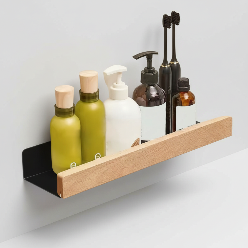 Close-up of a sturdy plastic shower shelf, showcasing the drill-free installation for easy bathroom organization