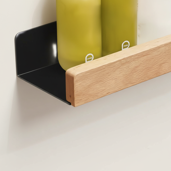 Unisex bathroom organizer shelf in a modern shower setting, holding shampoo and soap without drilling