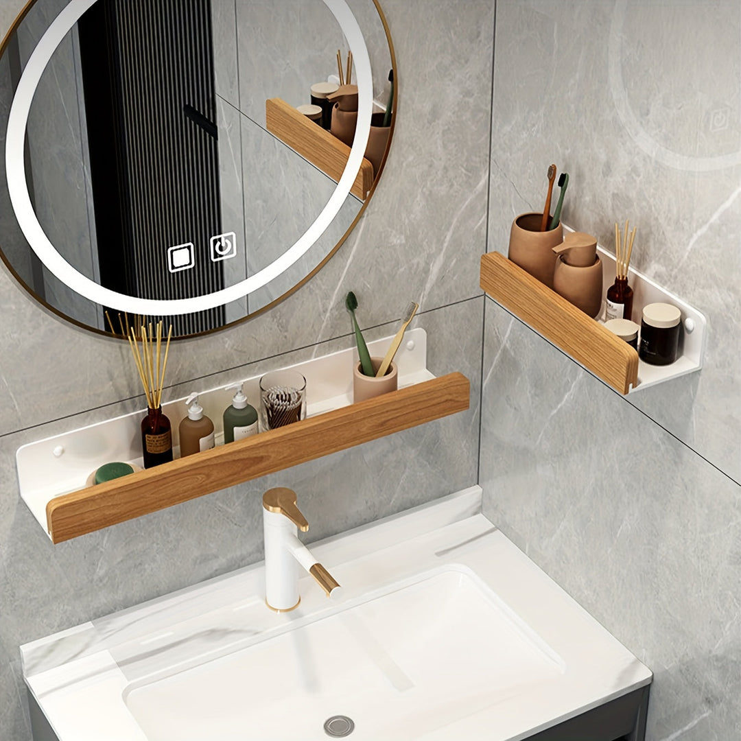 Drill-free wall shelf for bathrooms, highlighting its strong adhesive and sleek design for tidy storage
