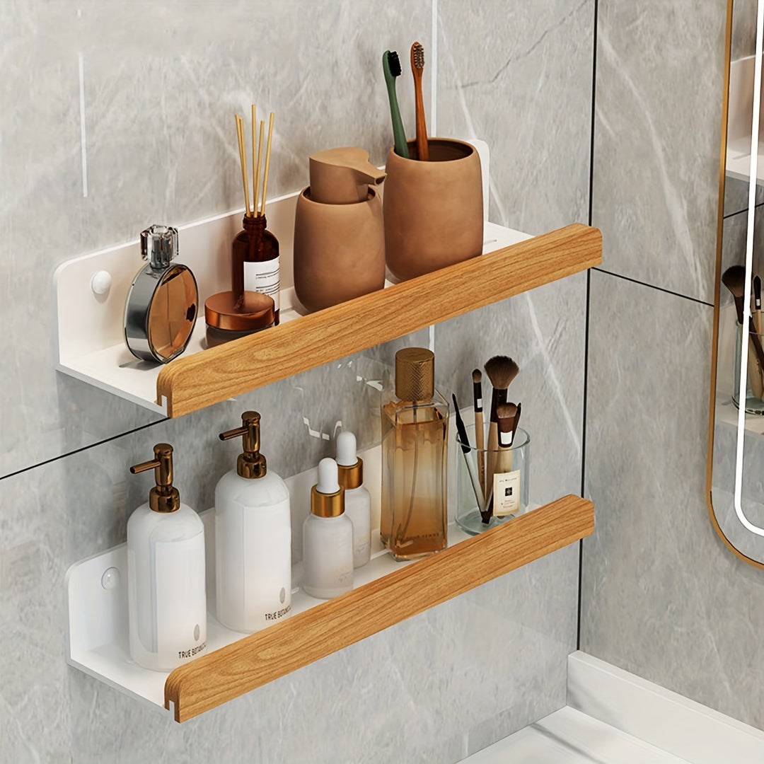 Lifestyle shot of a plastic accessory shelf in a shower, providing convenient drill-free storage for toiletries