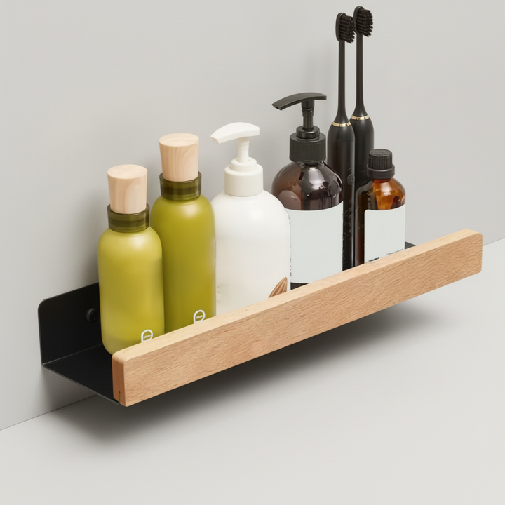 Set of two drill-free bathroom shelves, showing versatile placement options for shower organization and storage