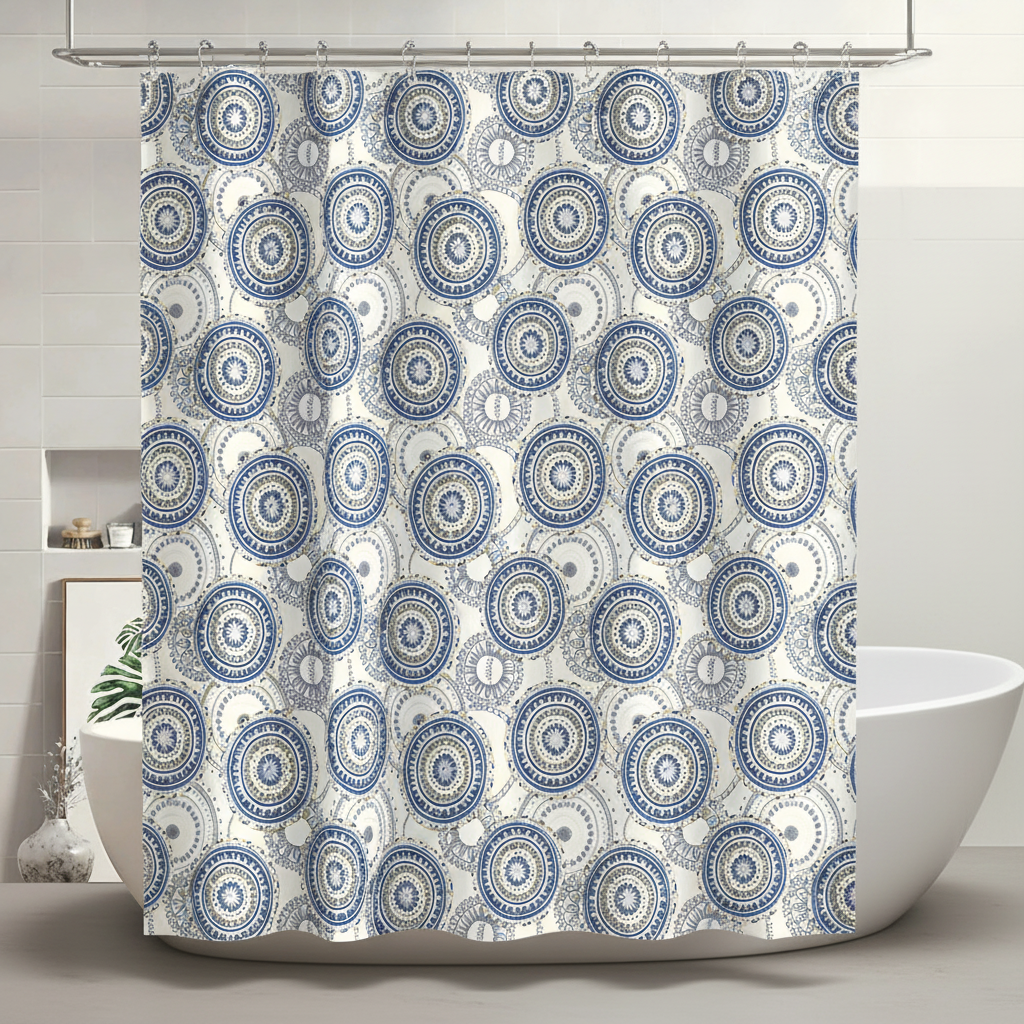 Unisex design SplashDot fabric shower curtain, durable and decorative, complete with hooks