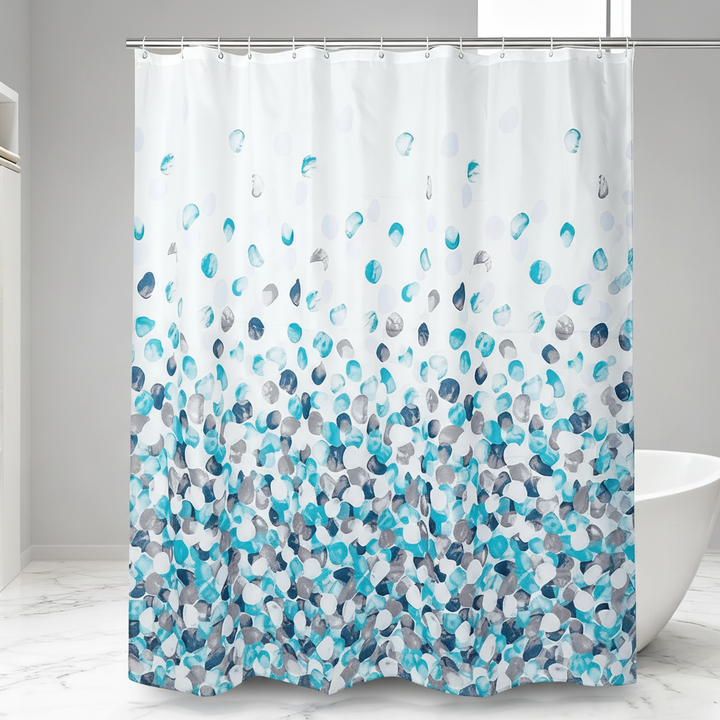 SplashDot polyester shower curtain, water repellent and quick dry, with included plastic hooks