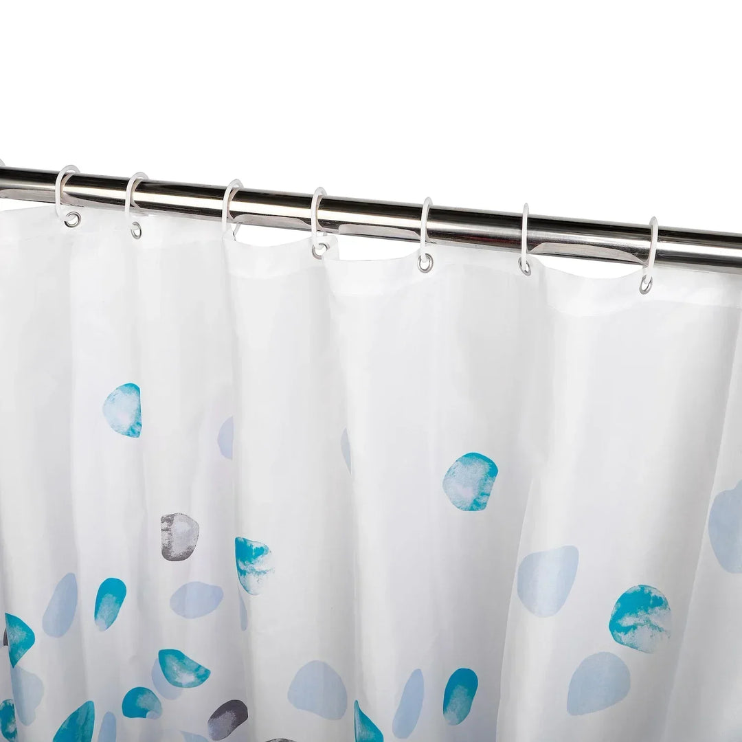 Durable SplashDot shower curtain, easy care polyester, perfect splash guard for your shower