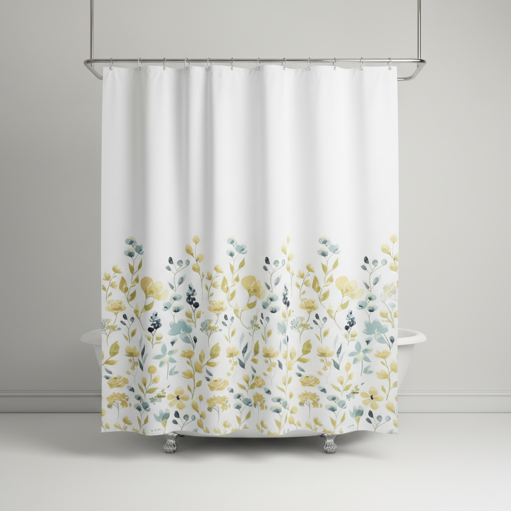 Stylish SplashDot shower curtain and plastic hooks, enhancing home decor with color