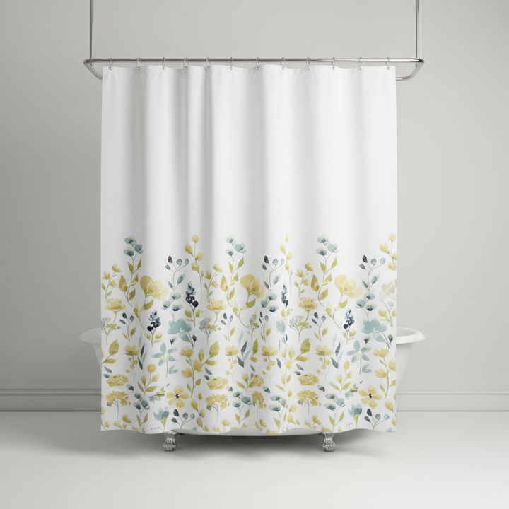 Stylish SplashDot shower curtain and plastic hooks, enhancing home decor with color
