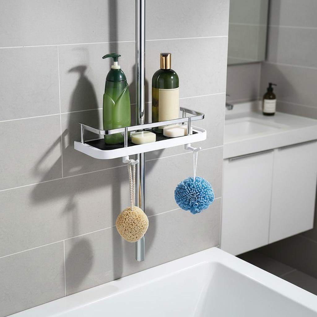 White plastic no-drill bathroom shower shelf with strong suction cups, Griplyst organizer