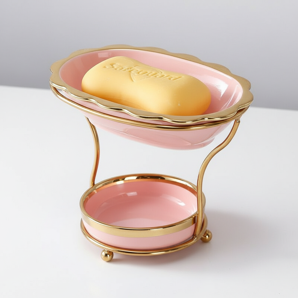 Home organization bathroom accessory: white porcelain raised soap dish with quick drain feature.