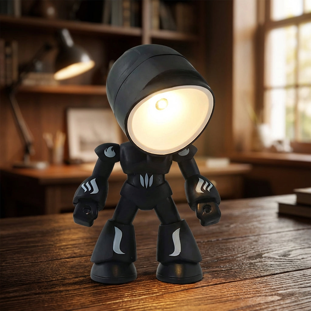 White robot bedside lamp with flexible neck, perfect for children's room reading. Luminobot LED night light.