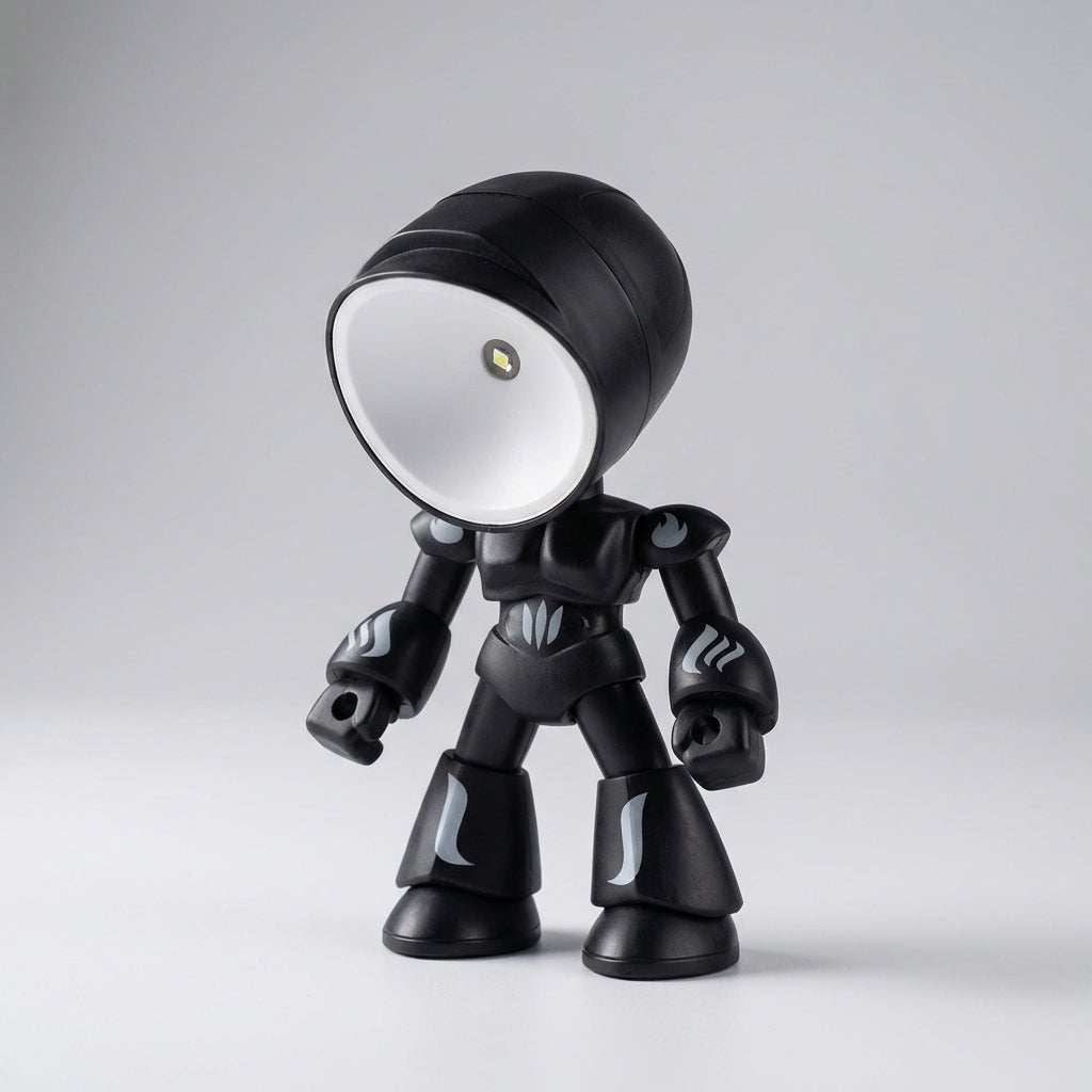 Flexible neck Luminobot robot lamp for kids, a white LED bedside light perfect for reading.