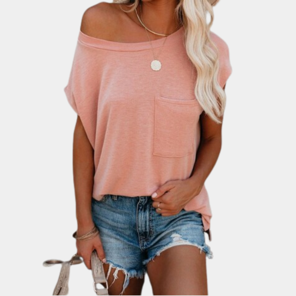 Model wearing a relaxed fit women's casual short sleeve t-shirt, ideal for breathable summer comfort